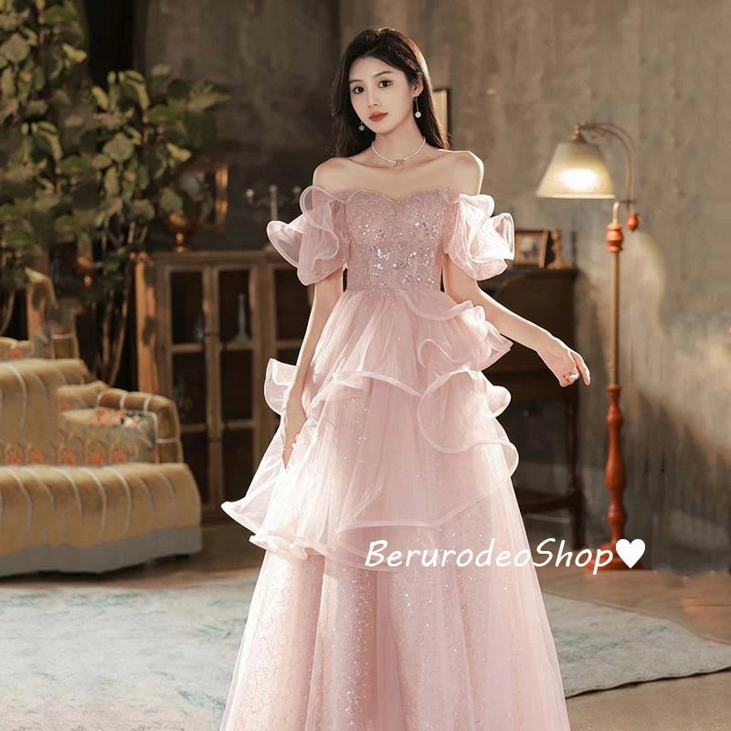 特別仕様結婚式ドレス 二次会ドレス ピンク フレア フリル 可愛い イブニングドレス ロングドレス オフショルダー グレー キラキラ スパンコール 発表会ドレス パーティードレス 成人式ドレス 同窓会