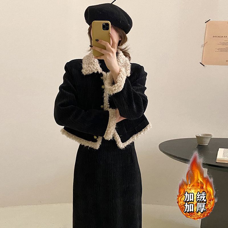 フリートと厚みのあるツーピース小さい2024冬ハイエンドショートコートスカートファッションスーツ2433