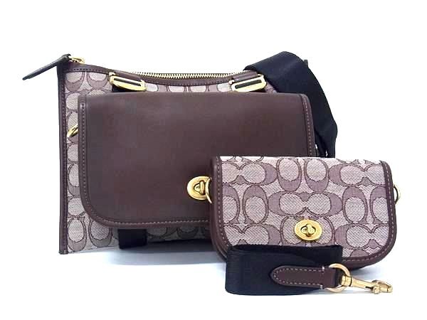 ショルダーバッグ マルチファンクション クロスボディ ウィズ ディンキー C2613 ブラウン系 シグネチャージャカード レザー ユニセックス ゴールド金具【本物保証】