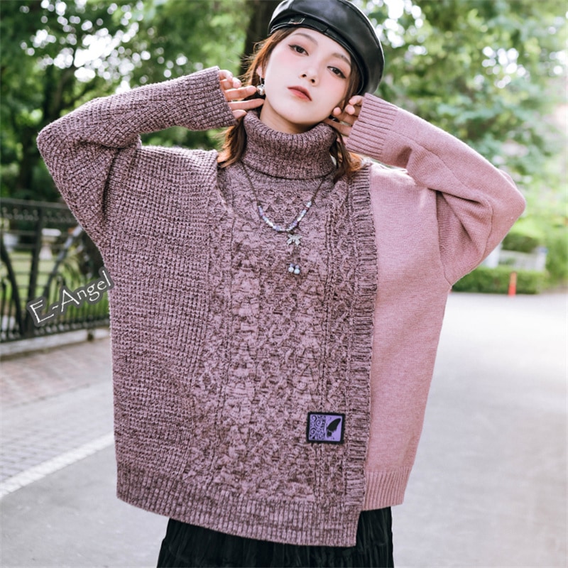 ニットセーター レディース 秋冬 ハイネックニット 切り替えトップス 厚手 無地 セーター ピンク グレー 長袖 個性的 ゆったり