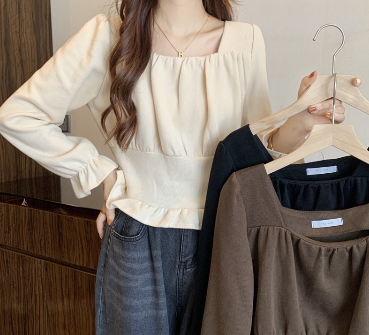 トップス シャツ 上着 ボトムスシャツ ショート丈 袖あり 長袖 フレアスリーブ スクエアネック 襟なし スリム ストレート フリル 大人可愛い きれいめ シンプル おしゃれ お洒落 大人女子