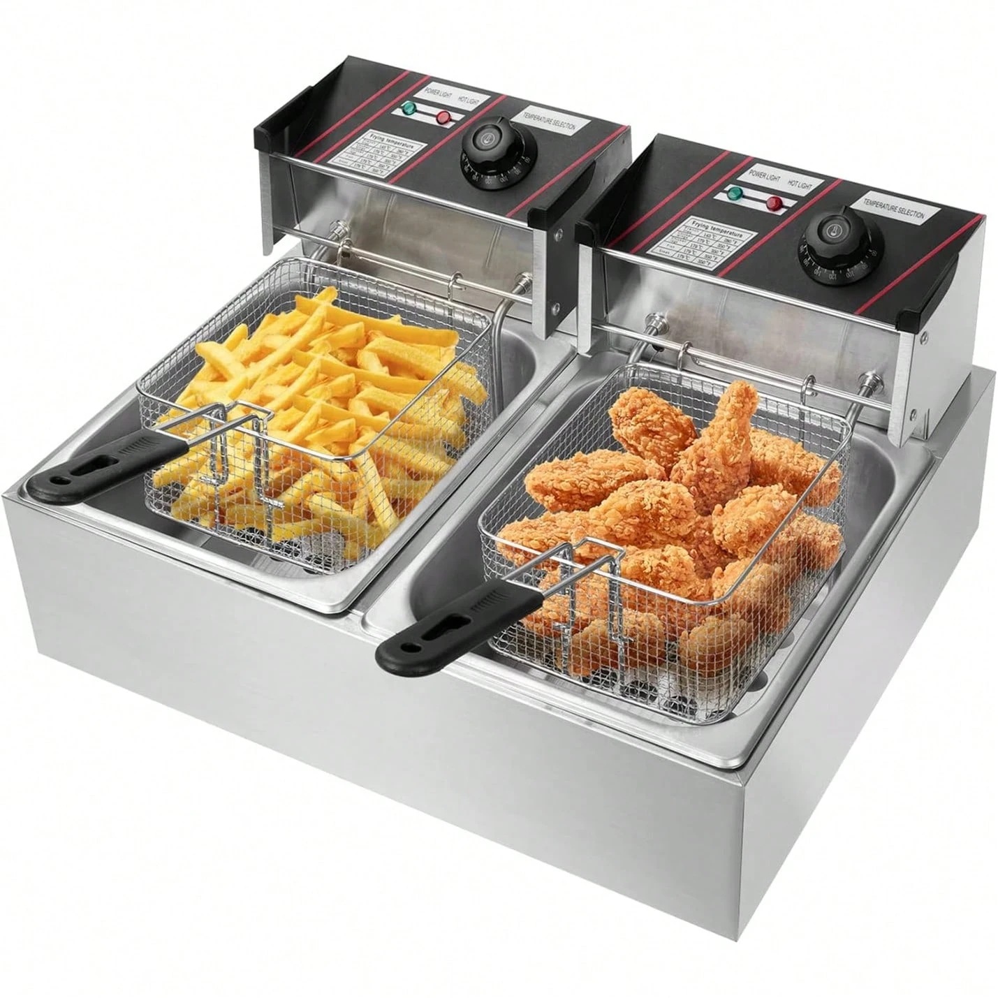 電気フライヤー 業務用 二槽式 12L 大容量 卓上フライヤー 100/110 温度調整付 2500Ｗ 揚げ物 天ぷら 唐揚げバスケット付き 個別通電可能 シリンダー ステンレス鋼 防錆性あ