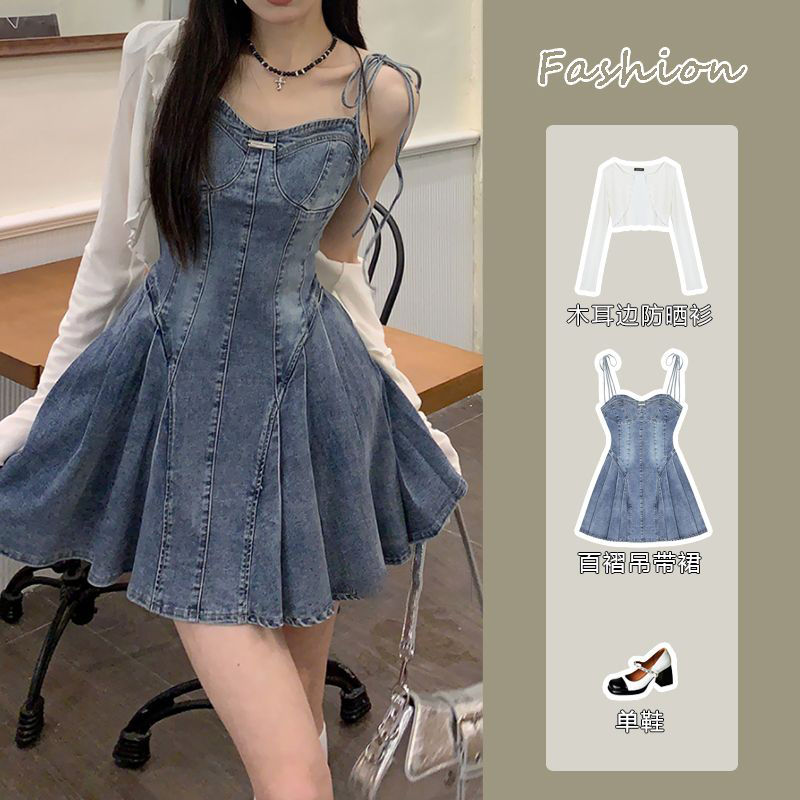 キャミワンピース 夏 デニムのキャミソールワンピース バンド本 腰をすぼめる プリーツスカート 韓国 ワンピース レディースファッション