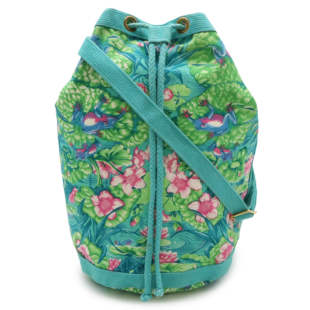 ショルダーバッグ ワンショルダー 巾着バッグ カエル柄 花柄 フラワー キャンバス グリーン 緑 マルチカラー ゴールド金