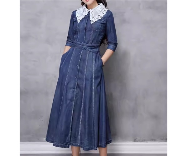 レディース ワンピース デニム ロング 5分袖 襟付き ポロカラー Aライン フェミニン レース ベルト ウエストマーク ボタン かわいい きれいめ カジュアル 上品 おしゃれ レトロ ガーリー