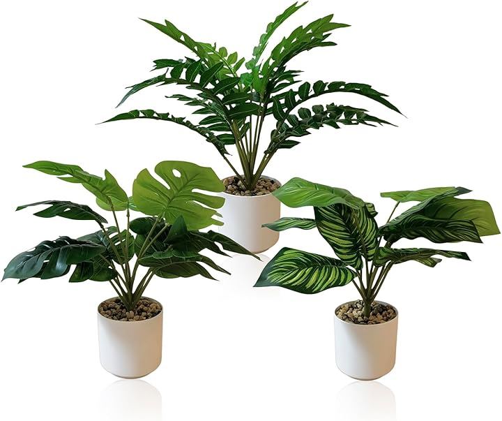 フェイクグリーン 人工観葉植物 卓上 多肉 造花 インテリア 鉢付き 手入れ不要(3点セット, 中)