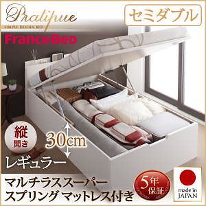 国産 跳ね上げ収納ベッド [Pratipue]プラティーク [マルチラススーパースプリングマットレス付き] 縦開き セミダブル 深さレギュラー [フレーム色]ナチュラル