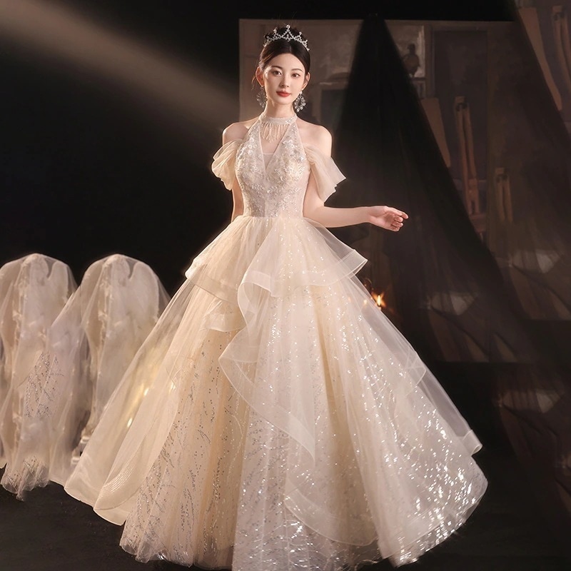 3日出荷 ワンピースドレス シャンパン ホルターネック イブニングドレス エレガント ロング 成人式 パーティー 結婚式 お呼ばれドレス 春服 レディース