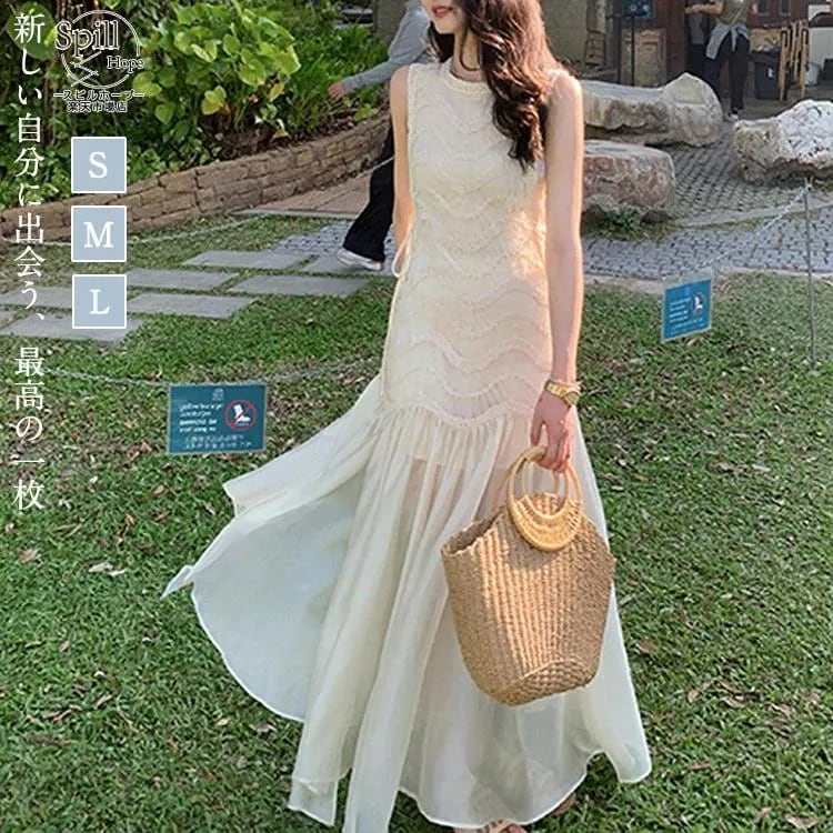 【夏の新品】【出荷が迅速】ワンピース レディース 春 夏 きれいめ 女性 体型カバー 白 ミモレ丈 ロング丈 ノースリーブ ビーチワンピース 結婚式 お呼ばれ 二次会 お宮参り 旅行 通勤 卒業