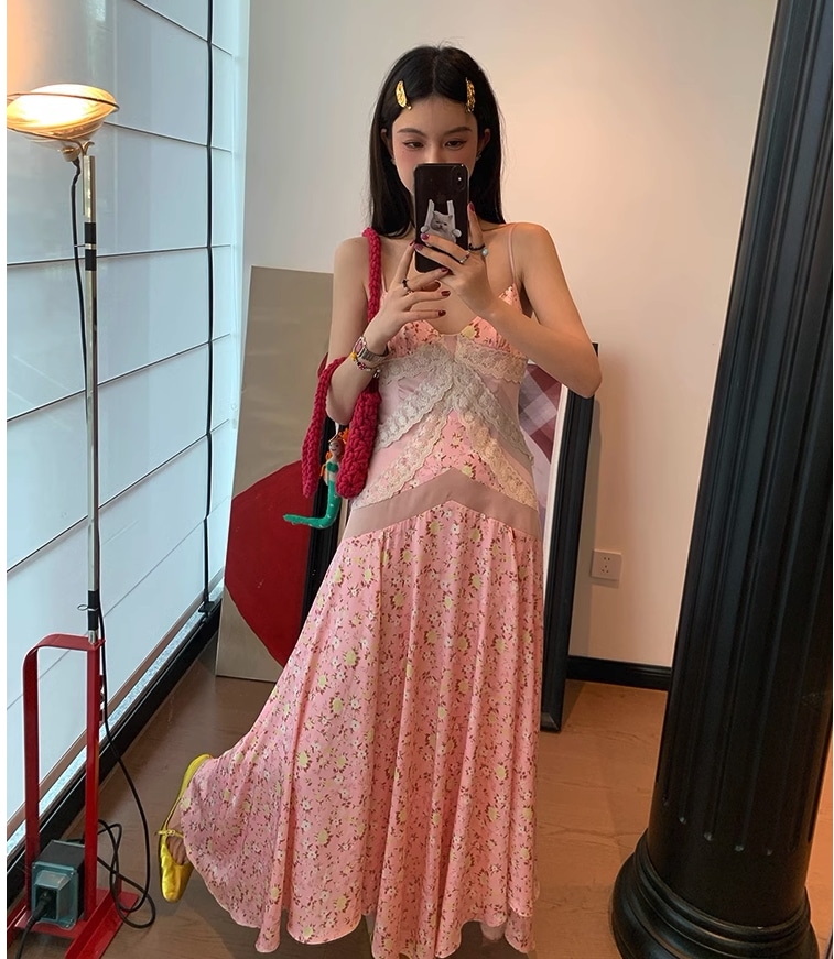 ピンク美ノースリーブサテンフラワーレース