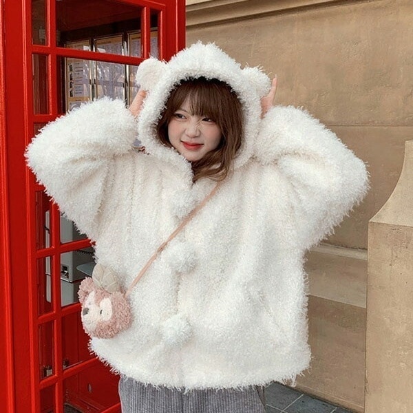 クマ耳パーカー ふわふわ もこもこ レディース 冬 ボアパーカー ロリータ ルームウェア アウター 部屋着 日常着　 アニマル トップス ジャケット 萌え萌え かわいい フード付き ポケット付き