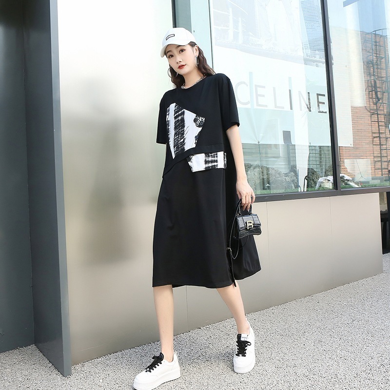 日韓黯黑風tシャツワンピースレディース夏服ゆったり肉を隠す着痩せ効果ロンt韓国ファッションブランド肌にやさしい通気綿