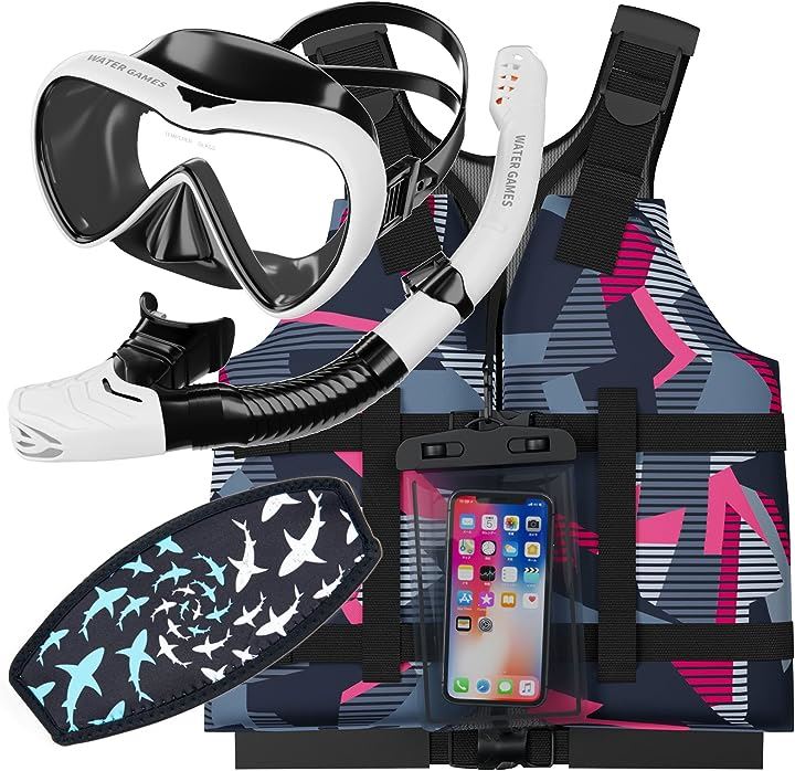 シュノーケル・マスク・ライフベスト3点セット 防水スマホケース マスクのストラップカバー付き(Gセット)