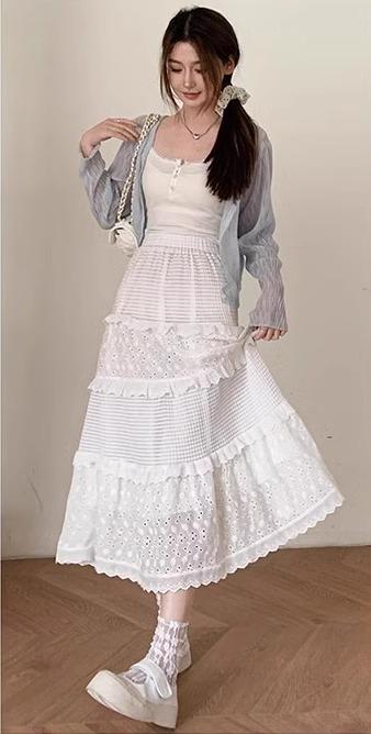 ティアードスカート ロング レディース ボトムス ガーリー マキシスカート ハイウエスト Aライン バレエ 春秋 ホワイト