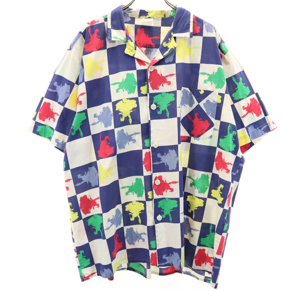 JOCKEY ジョッキー ブロックチェック 半袖 オープンカラーシャツ 52 ホワイト ビッグサイズ メンズ 古着