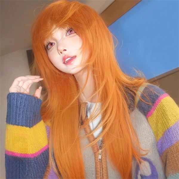 ウィッグ ロング ストレート オレンジ 前髪ぱっつん 前髪あり フルウィッグ ロングウィッグ 可愛い コスレ ロリータ ゴスロリ 原宿 レディース コスチューム 仮装 大人 おしゃれ イベント 学園