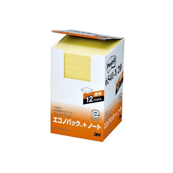 （まとめ） 3M ポストイット エコノパック ノート 再生紙 7575mm イエロー 6541-Y20 1パック（12冊） 2セット