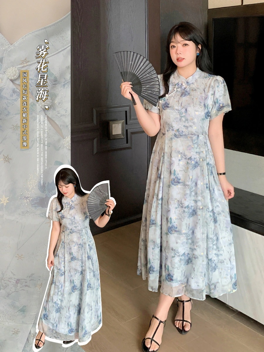 【ぽちゃまに】 夏新品 中華風 ロングワンピース 大きいサイズ チャイナドレス 体型カバー レトロ レディース ワンピース