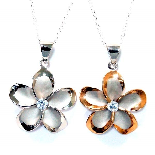 ハワイアンジュエリー ペンダント ネックレス プルメリア 一輪花 クリアジルコニア レデイース シルバー925 シルバー/ピンクゴールド