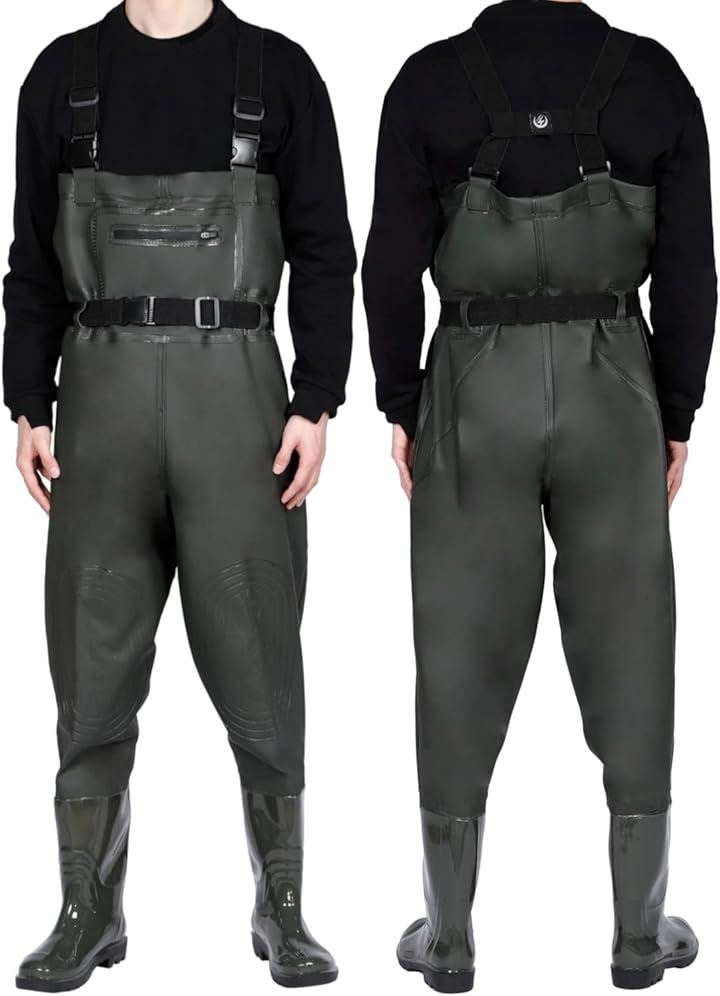 ウェーダー 釣り 胴長 長靴 ヒザ補強・簡単脱着・動きやすい ラジアルソール 防水 丈夫 チェストハイ フィッシングウェーダー(ダークグリーン, 25cm～26cm)