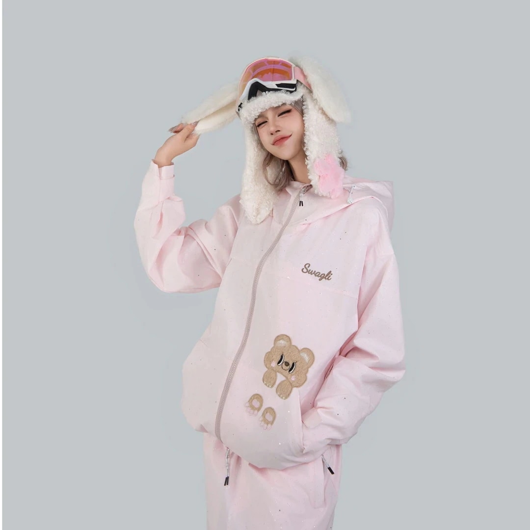 かわいいクマちゃん スノーボードウェア 限定モデル 2026 ピンク レディース スノパンツ スノウェア レディース スキーウェア スノボウェア スキー 防风撥水