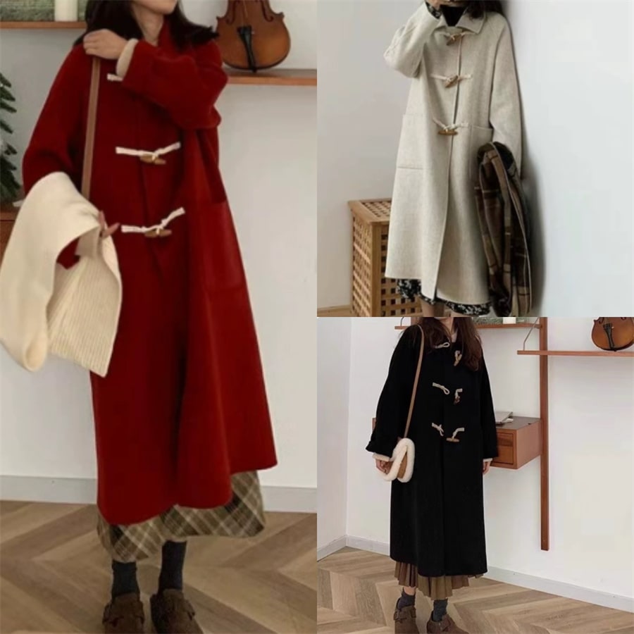 ボアコート 3色 アウター 羽織り ミモレ丈 ベージュ ブラック レッド くすみカラー 大人カラー ベイクドカラー モノトーン 秋カラー 長袖 Vネック フレア Aライン ポケット モノトーンカラー