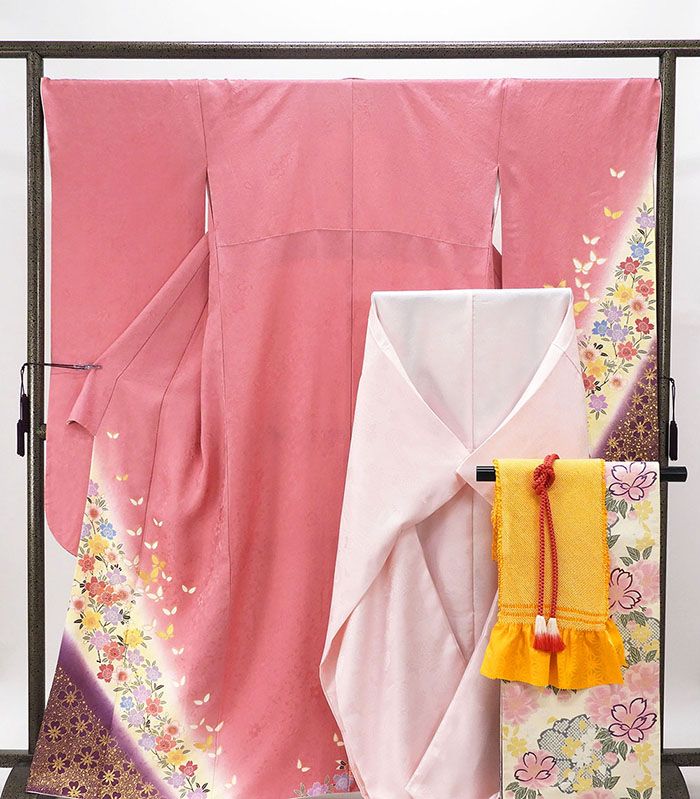 振袖 正絹 桜蝶々模様 5点セット 身丈163.5cm 裄丈69.5cm 袋帯 長襦袢 帯締め 帯揚げ 振袖5点セット 良品 リサイクル 中古 着物 e4076 38,870円