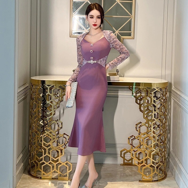 【JY.上品】 秋冬 大人 レース ロングワンピース ドッキング パーティードレス キャバ 着痩せ 大人 同窓会 披露宴 卒業式 結婚式 演奏会 ウェディング 二次会