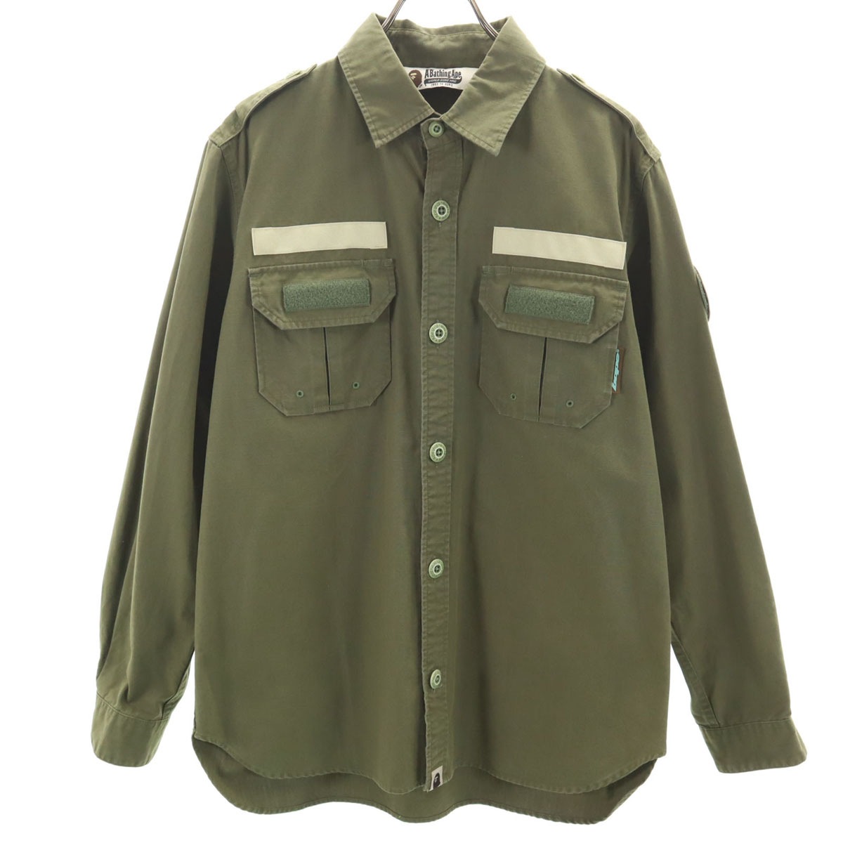 日本製 長袖 ミリタリーシャツ L カーキ メンズ 古着