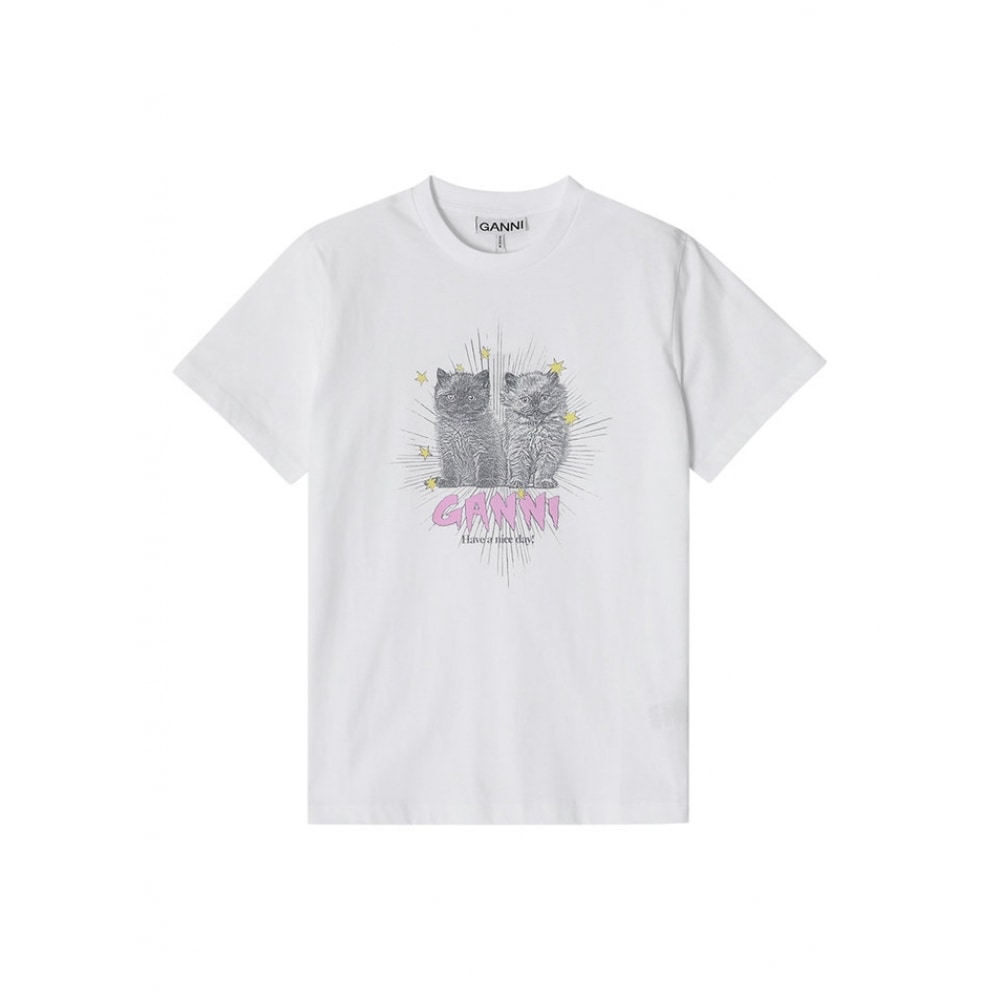 GANNI T4060 151 キャットロゴプリントレディースショートスリーブ T シャツ