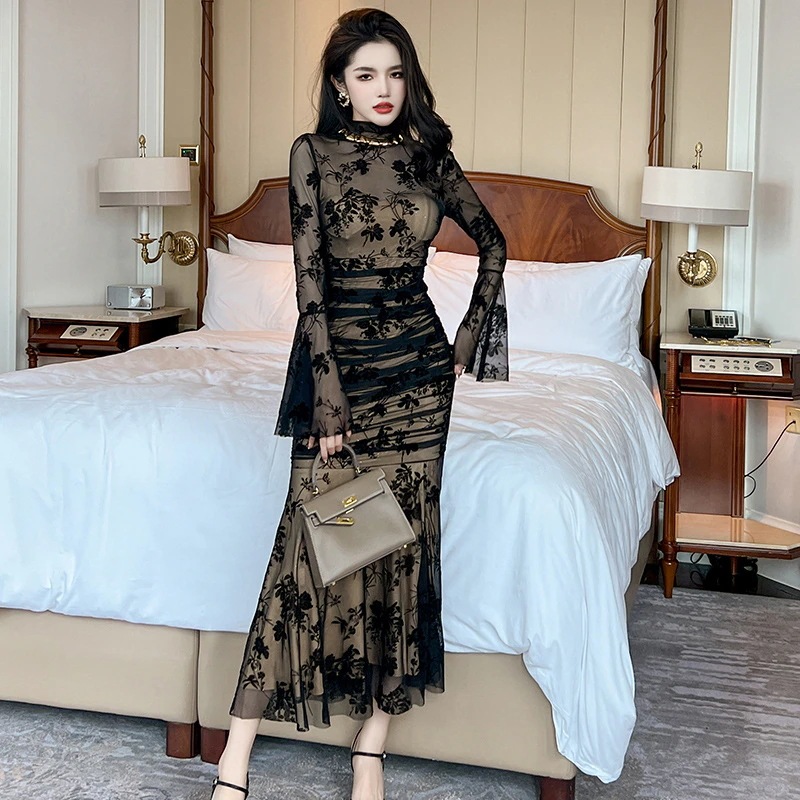 ワンピース 結婚式 ウエスト引き締め パーティードレス 発表会 メッシュ ロングワンピース セクシー ウェディング 演奏会 花柄 披露宴 二次会 韓国 ドレス ワンピース