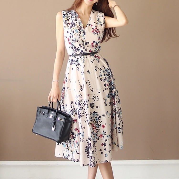 ワンピース 上着 人気 おすすめ おしゃれ お洒落 激安 安い プチプラ 肩出し ノースリーブ ベルト付き フローラル Vネック 柄 プリント 花柄 ポリエステル 韓国 きれいめ 大人 上品
