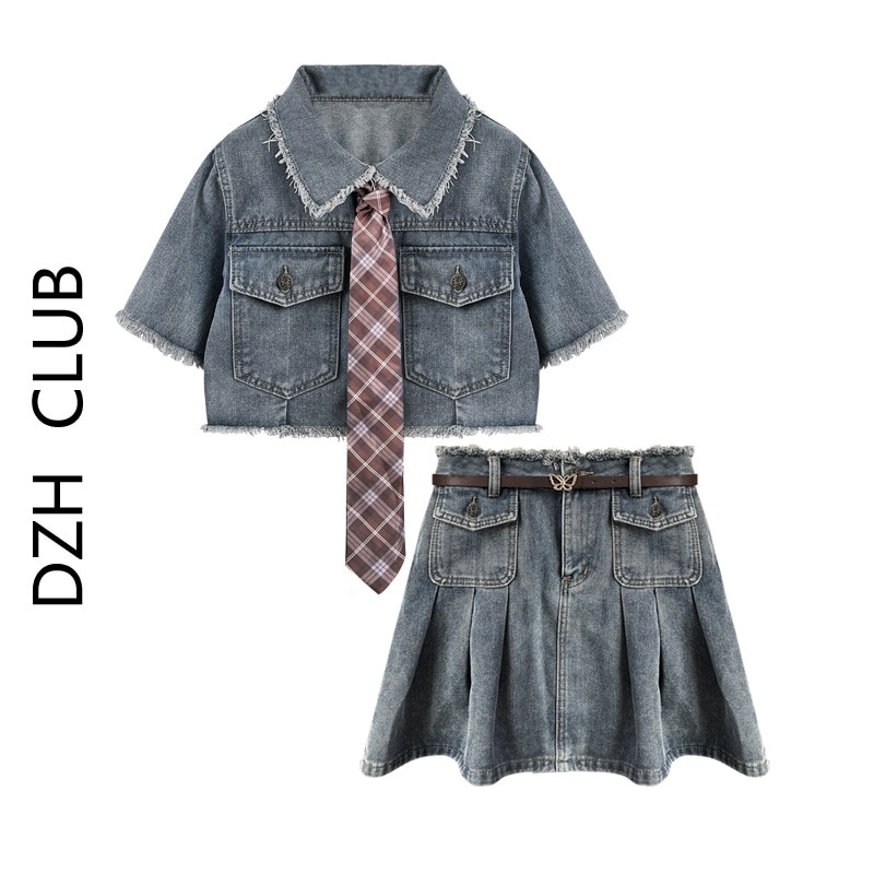 ファッションデニムスーツ レディース 2024春夏 ルーズトップ ハイウエスト ハーフスカート