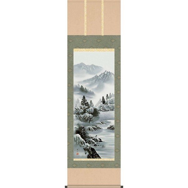 掛軸/山水画/水墨山水/閑雅悠景/鈴村秀山/三美会/洛彩緞子本表装/尺五サイズ幅54.5cm/桐箱畳紙収納/表装品質十年保証
