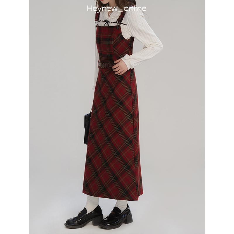 ジャンパースカート 大人 レディース 春秋 ロング丈 ノースリーブ ワンピース バックスリット ハイウエスト ソフト スリム 調節可能 長袖 トップス レトロ カジュアル おしゃれ チェック柄 赤 黒