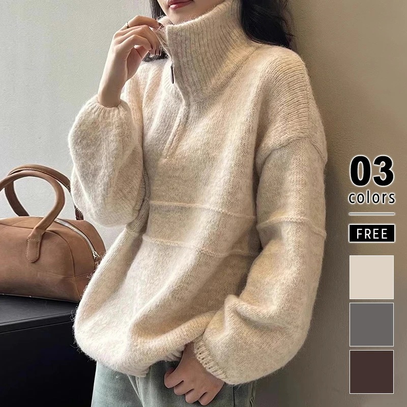 10/30！クーポンで3,080円 ハーフジップ ハイネック ニット セーター レディース ミックスカラーニット 長袖 トップス ニット オーバーサイズ ジップアップ ドロップショルダー ハーフジップ