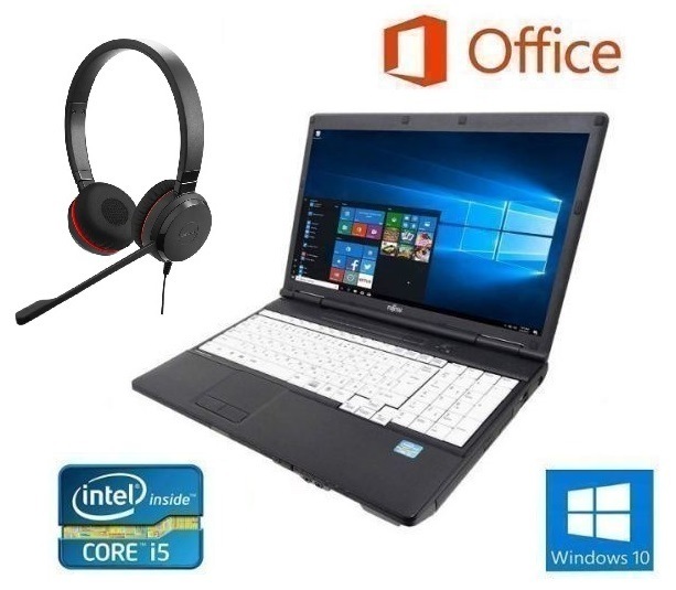 【サポート付き】 A561 富士通 Windows10 PC Office2019 新品SSD:512GB 新品メモリー:8GB ノイズキャンセリングヘッドセット