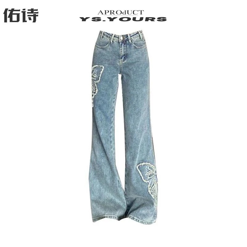 デニムパンツレディース刺繍蝶ジーンズ女性夏の新しいハイウエストルーズやや弾性ストレートマイクロララパンツ スラックス ハイウエスト