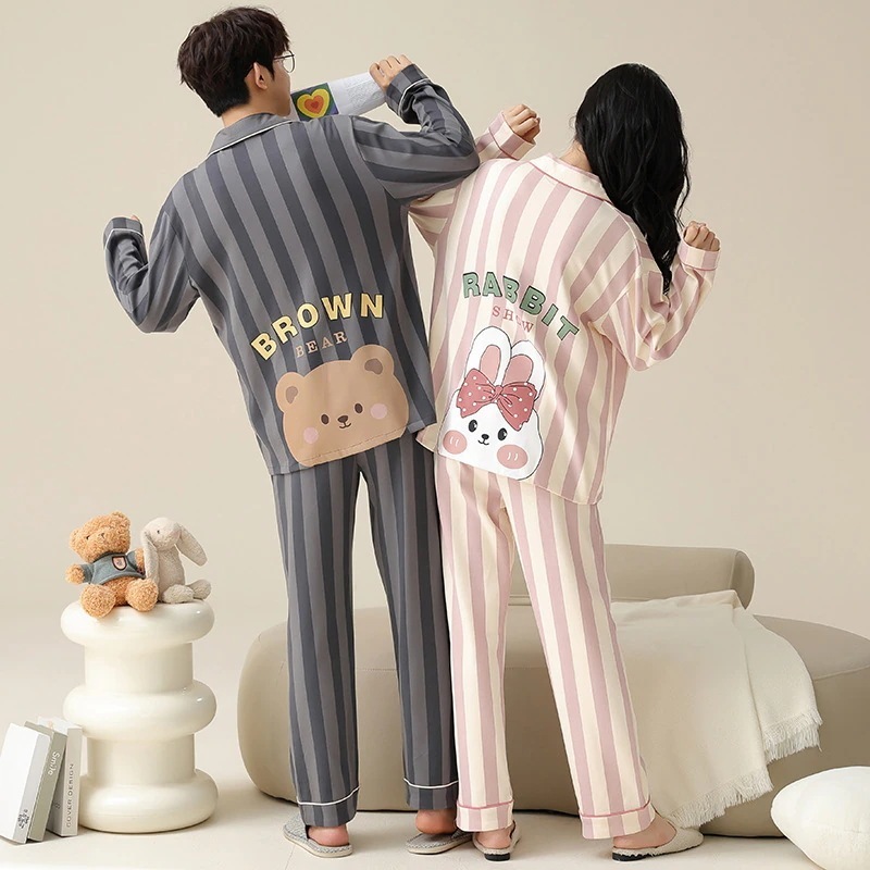 [純綿] カップルパジャマ 男女兼用 春 秋 冬 プラスサイズ 長袖 カジュアル ゆったり カーディガン ホームウェアセット