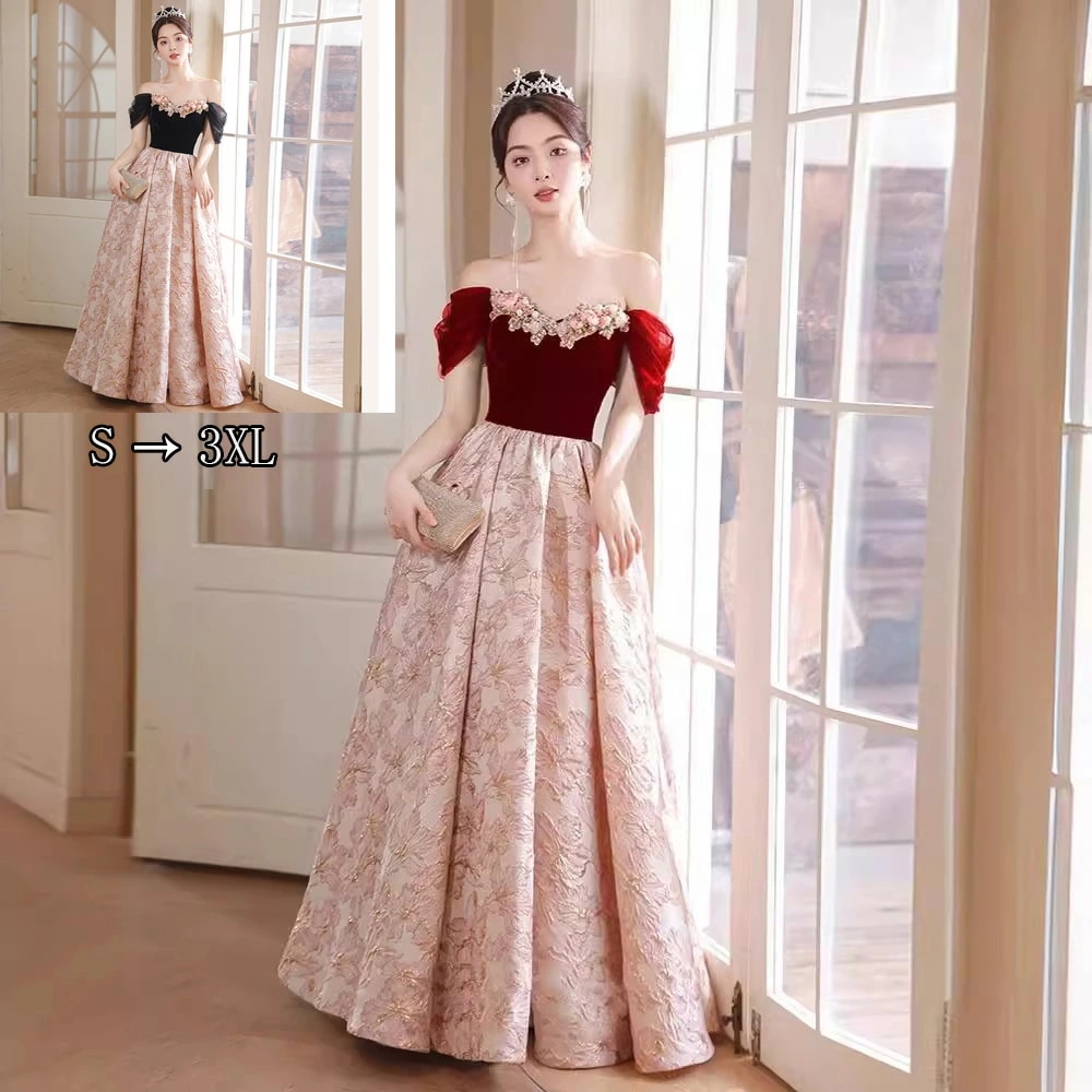ドレス 大人 袖付き オフショルダー ロングドレス編み上げ 花柄 切り替え エレガントフォーマル レディース ママ パーティードレス コンクール イブニングドレス 結婚式 演奏会ドレス ロング ピアノ