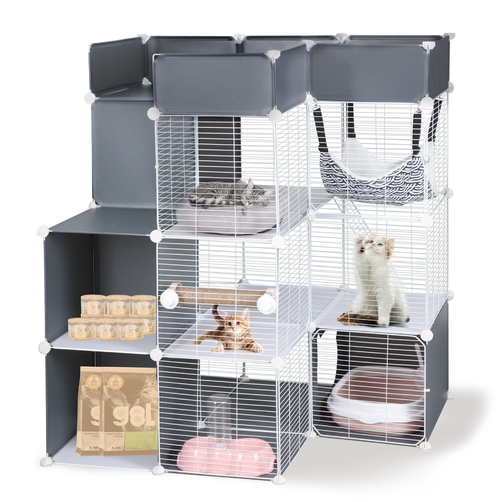 猫 ケージ 4段 トイレ付き キャットケージ 大型 猫用ケージ 収納ラック 脱走防止 多頭飼い 組立簡単 爪とぎポール/ハンモック付き ペットケージ お留守番 日本語説明書 105*80*122cmケージ