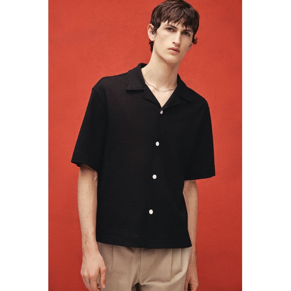 H&M レギュラーフィットジャカードニットシャツネイビーブルー