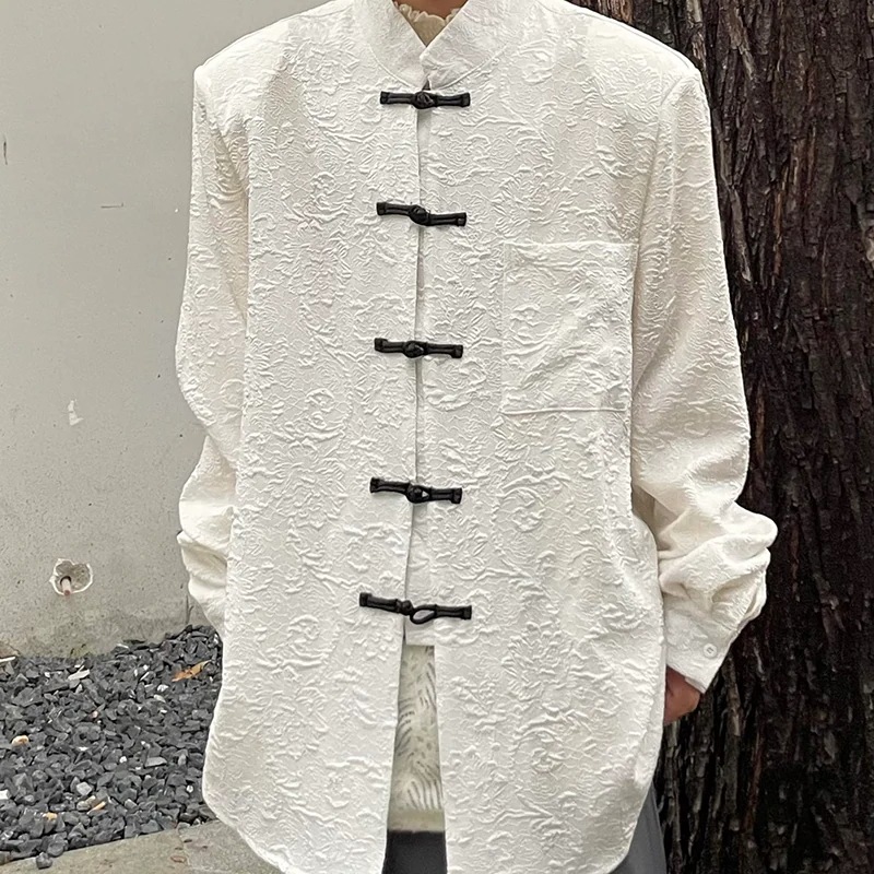 【快速出荷】チャイナ風シャツ レディース 長袖 ジャガード トップス ユニセックス スタンドカラー メンズ 黒/白 男女兼用 ストリート系