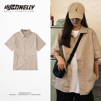 使い勝手の良い 注目の福袋をピックアップ 21韓国の復古純色の大きいポケットの仕事服の半袖のシャツの短い上着の復古の男女のタイプの半袖のTシャツ
