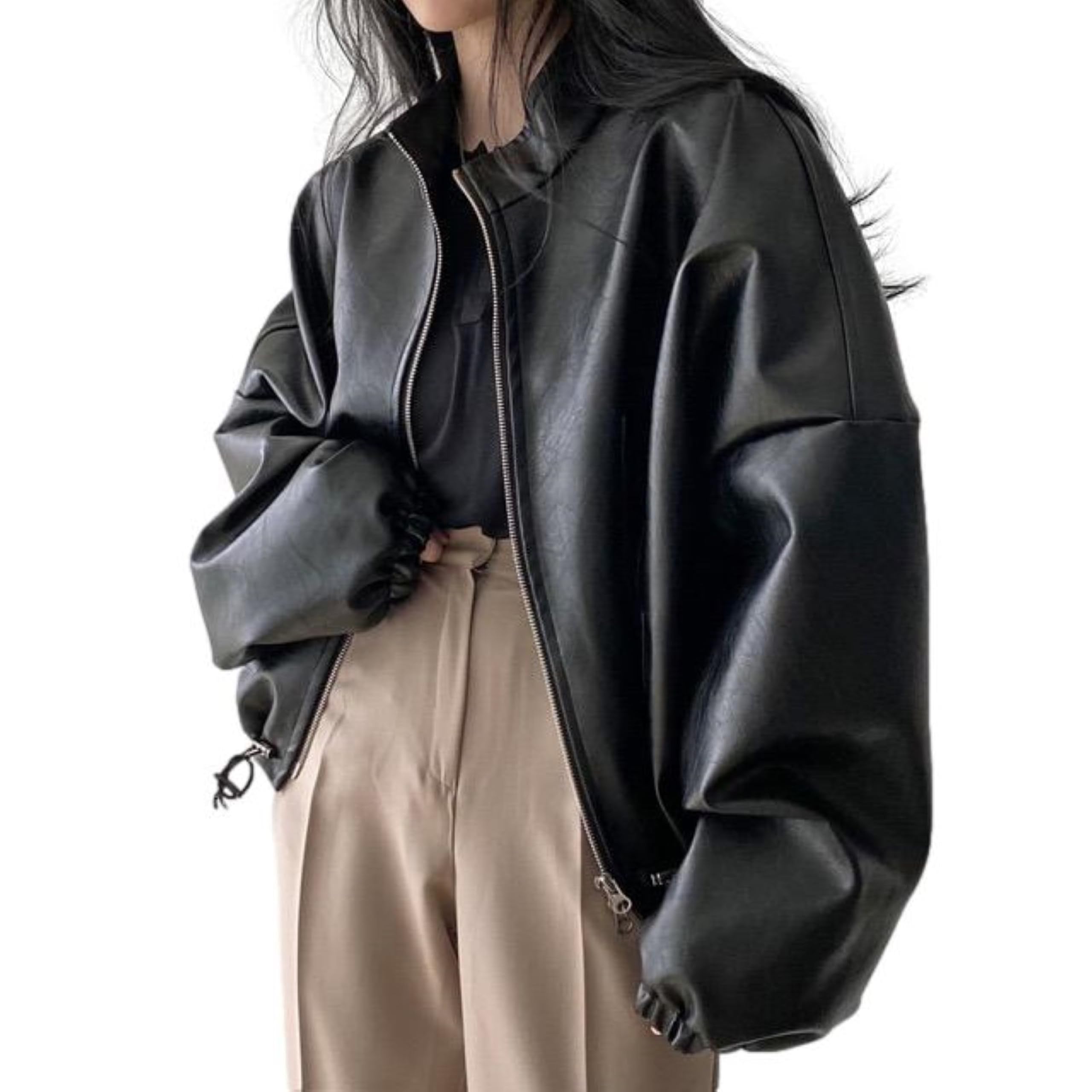 [J-Scott] ルーズフィットブルゾン フェイクレザージャケット ボリューム袖 ジップアップ 裏地有 抜け感 立襟 高身長 ダボっと 軽量 はおりもの 革ジャン オーバー 洋服 コート 体型カバー 6,865円