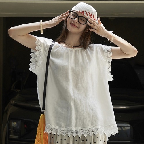 [2色]マキリネンタッチレースノースリーブルーズフィットトップ