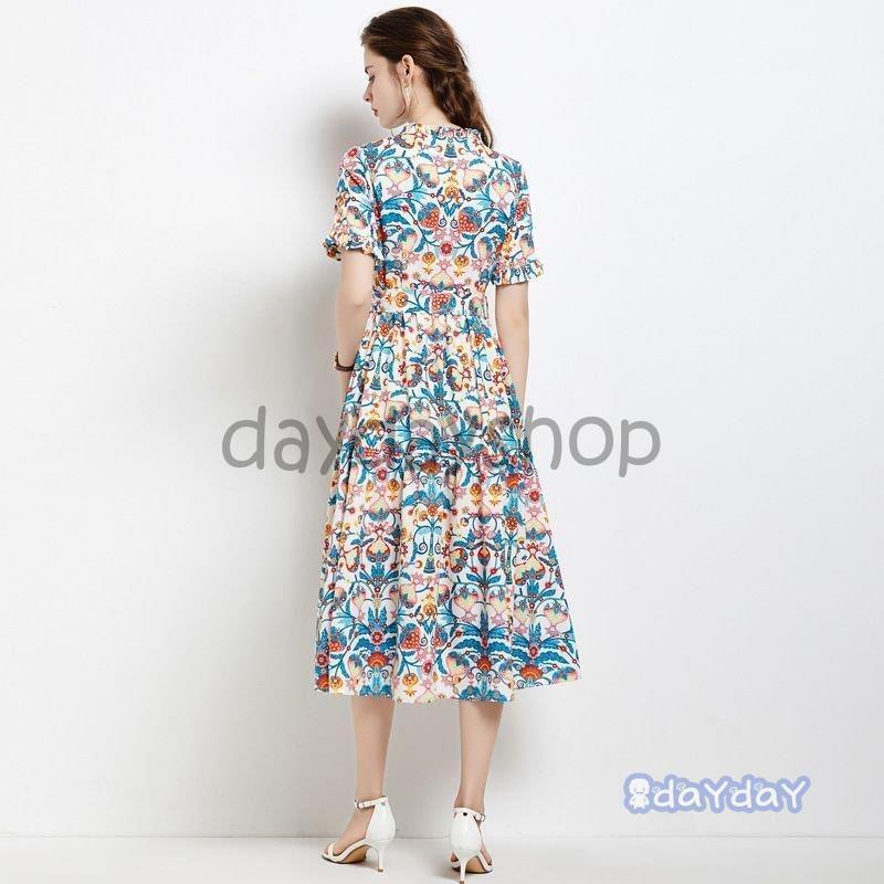 ワンピース ボタニカル柄 フレアスカート 半袖 スタンドカラー 袖口フリル ウエストリボン カラフル SNS映え ふんわり ストリート