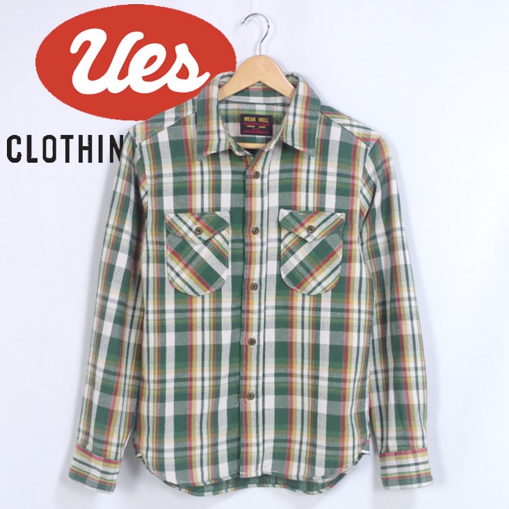 UES ウエス 先染ヘビーネ ルシャツ　グリーン シャツ メンズ 男性 長袖 ネルシャツ 秋 冬 ヘビーネルシャツ チェック チェック柄 暖かい 風合い 綿100％ 502351-09