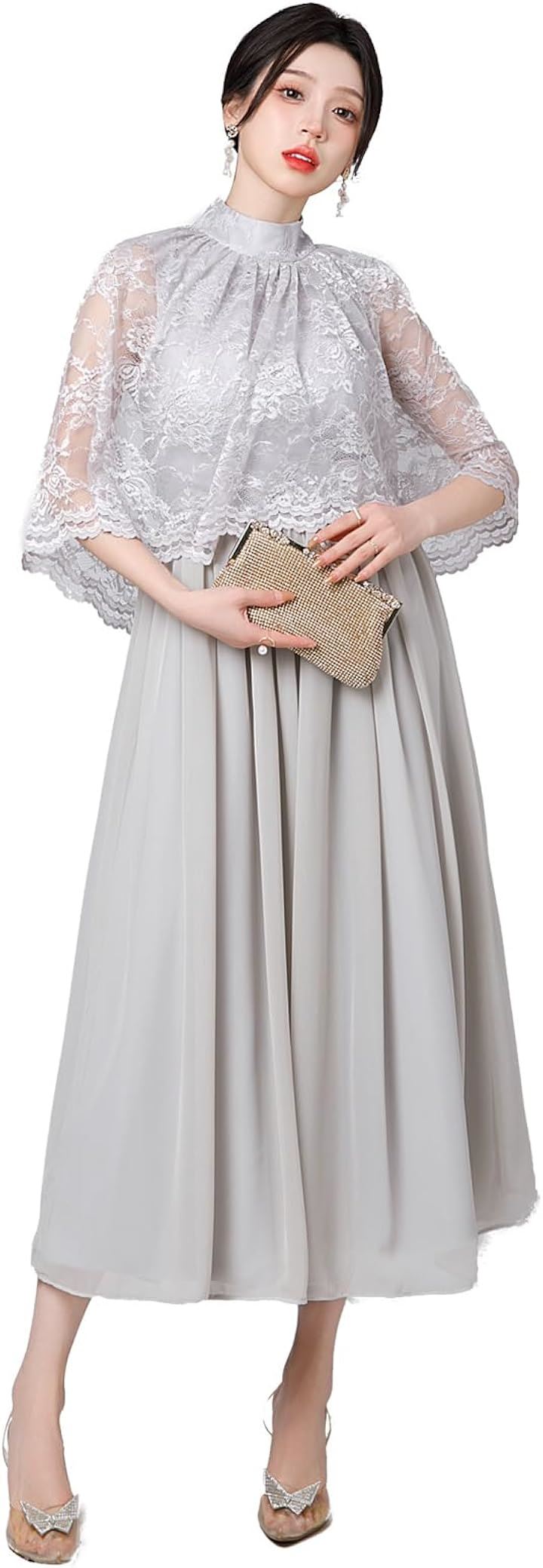 結婚式ドレス ケープ付き ロング レース お呼ばれ 袖あり ミモレ丈 体型カバー Aライン フォーマル(グレー, 3XL)