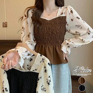 ブラウス ドッキングビスチェブラウス 花柄ペプラムブラウス レディース トップス 長袖 重ね着風 ペプラム 花柄 ビスチェ ハイウエスト ボリューム袖 ぽわん袖